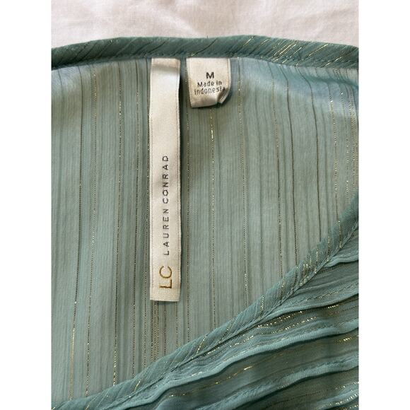 Lauren Conrad Green Sheer Blouse M | Gold Metallic Striped Peasant Top - Picture 3 of 5